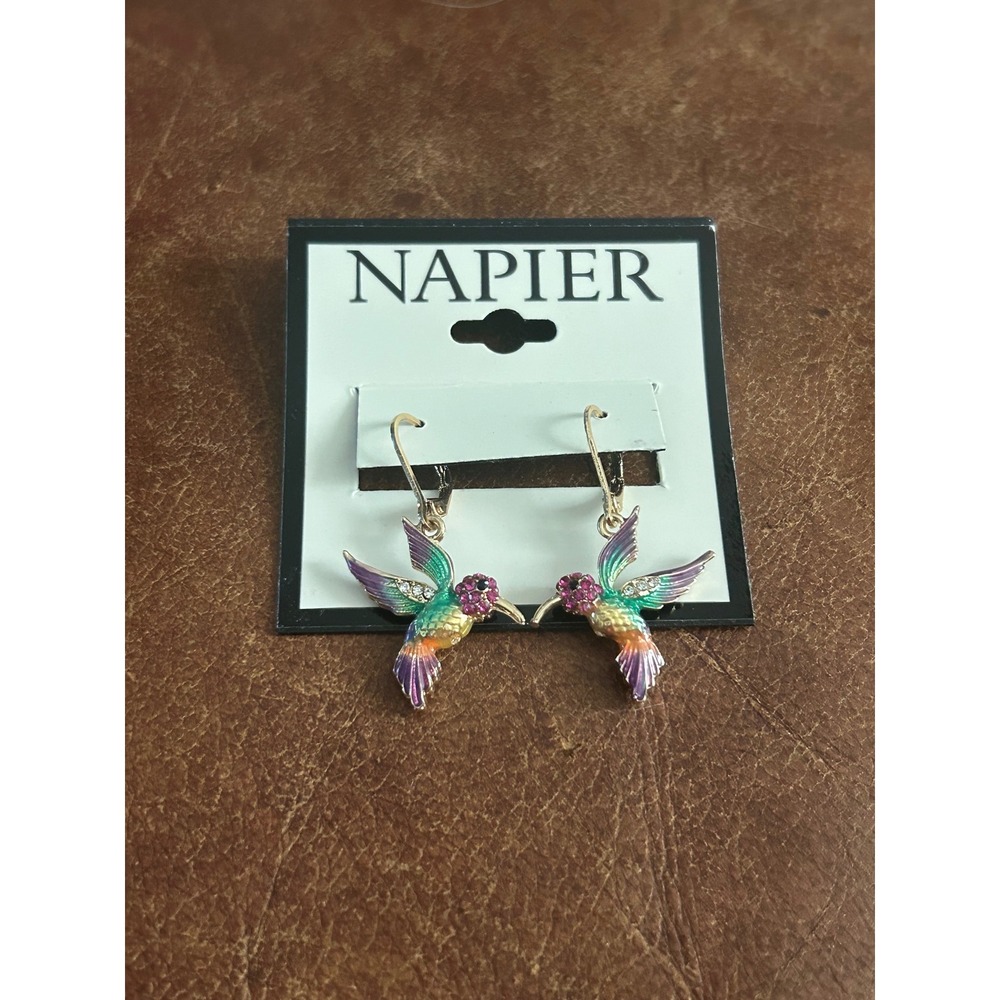 Napier Hummingbird Drop Earrings Rainbow Enamel Rhinestone Gold Tone Lever Back